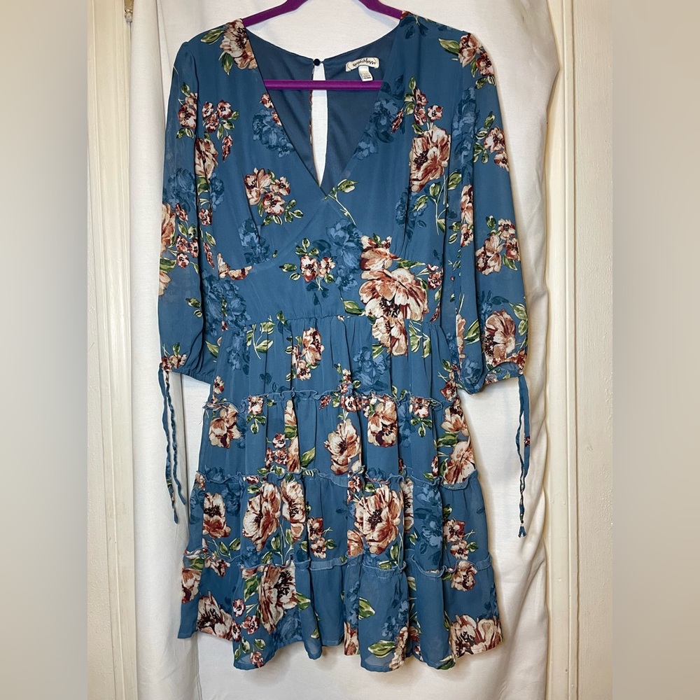 Speechless Juniors Blue w/ Floral Layered Long Sleeve Skater Dress w Tie Size XL